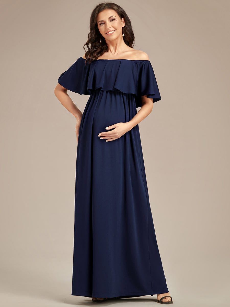 Off Shoulder Pleated A Line Maternity Dress with Ruffle Sleeves