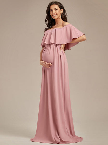 Off Shoulder Pleated A Line Maternity Dress with Ruffle Sleeves
