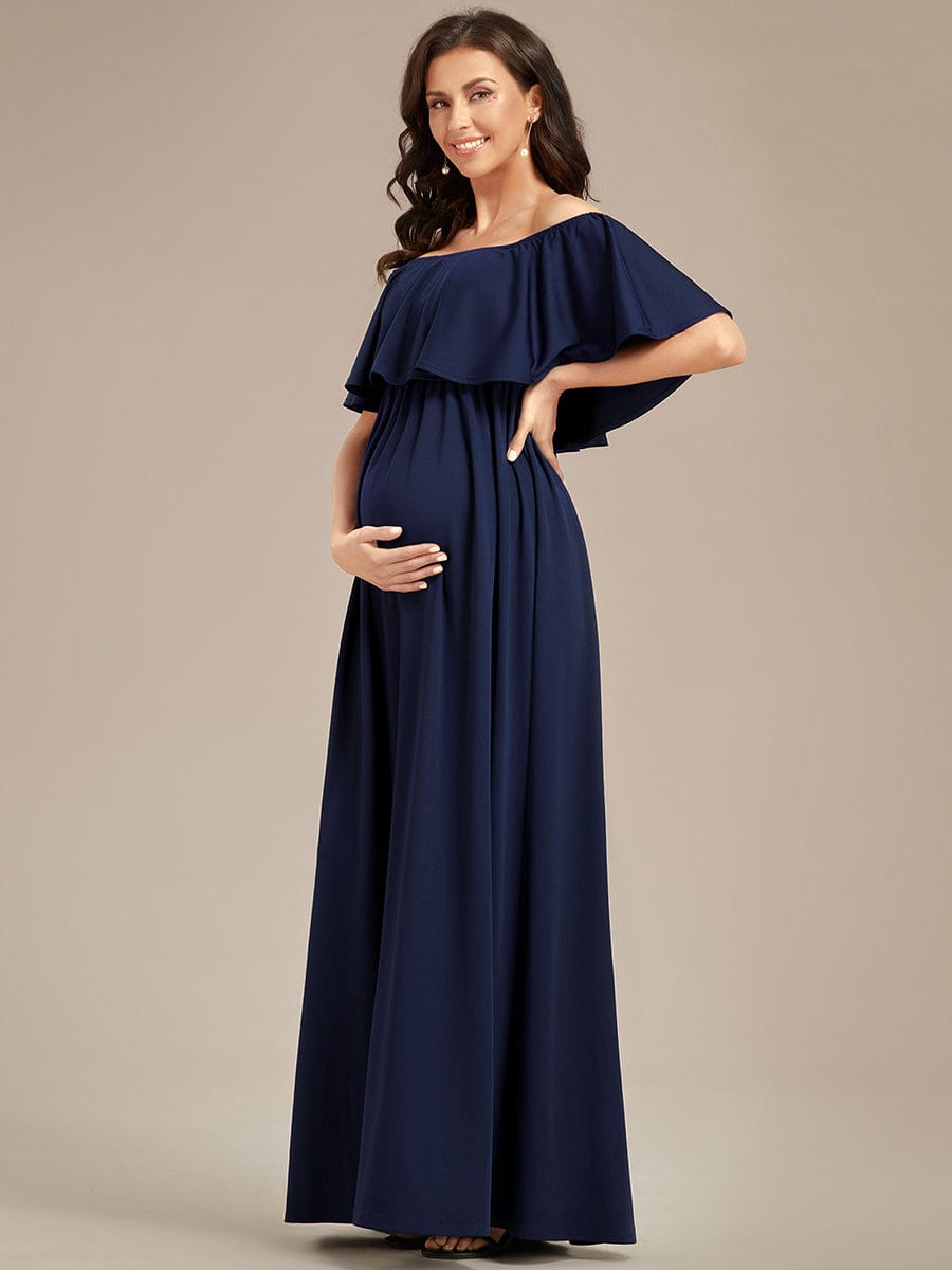 Off Shoulder Pleated A Line Maternity Dress with Ruffle Sleeves