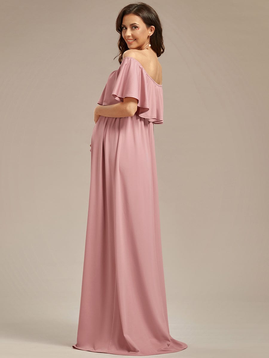 Off Shoulder Pleated A Line Maternity Dress with Ruffle Sleeves