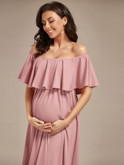 Off Shoulder Pleated A Line Maternity Dress with Ruffle Sleeves
