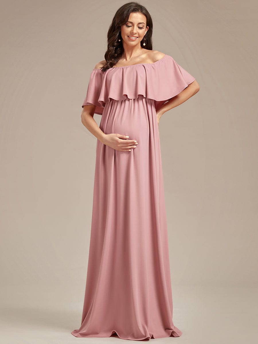 Off Shoulder Pleated A Line Maternity Dress with Ruffle Sleeves