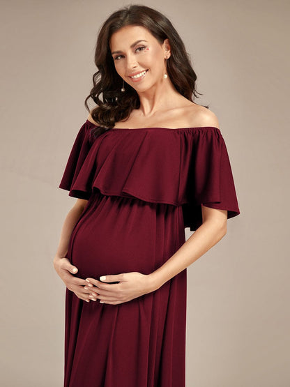 Off Shoulder Pleated A Line Maternity Dress with Ruffle Sleeves