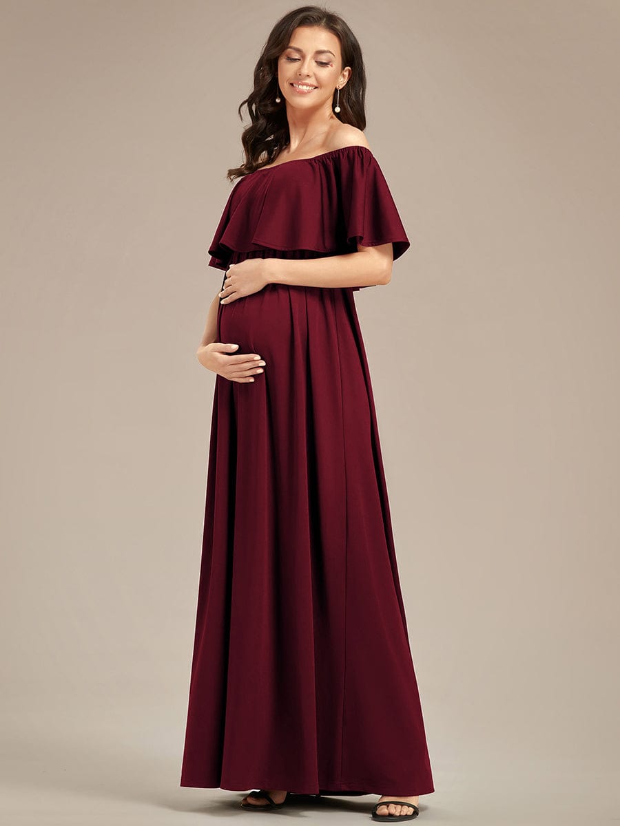 Off Shoulder Pleated A Line Maternity Dress with Ruffle Sleeves