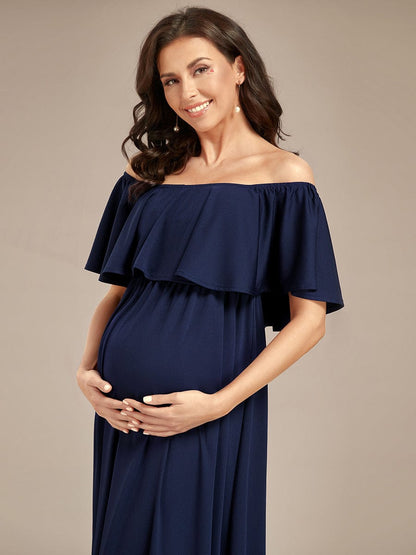 Off Shoulder Pleated A Line Maternity Dress with Ruffle Sleeves