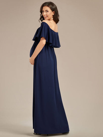 Off Shoulder Pleated A Line Maternity Dress with Ruffle Sleeves