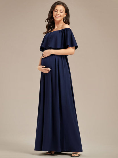 Off Shoulder Pleated A Line Maternity Dress with Ruffle Sleeves
