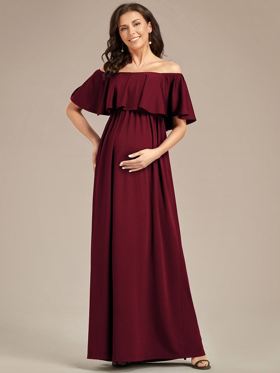Off Shoulder Pleated A Line Maternity Dress with Ruffle Sleeves