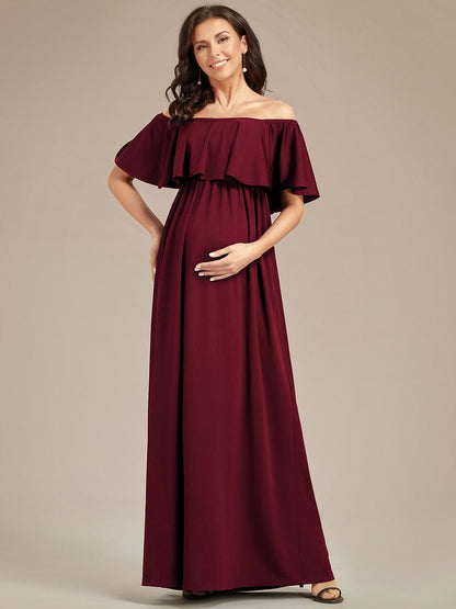 Off Shoulder Pleated A Line Maternity Dress with Ruffle Sleeves