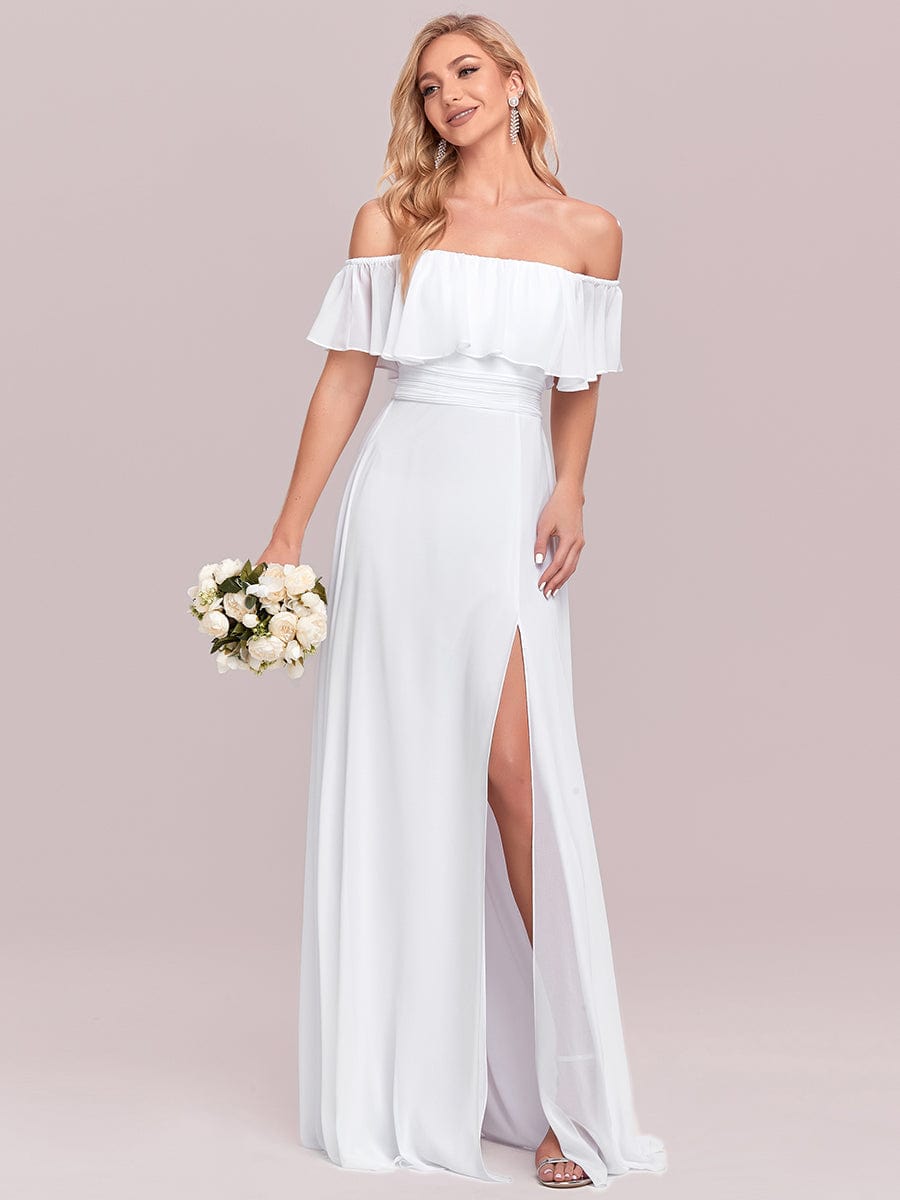 Off-Shoulder Ruffle Bridesmaid Gown with Thigh-High Split