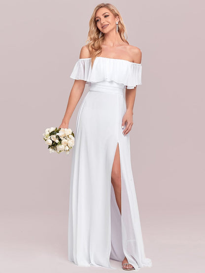 Off-Shoulder Ruffle Bridesmaid Gown with Thigh-High Split