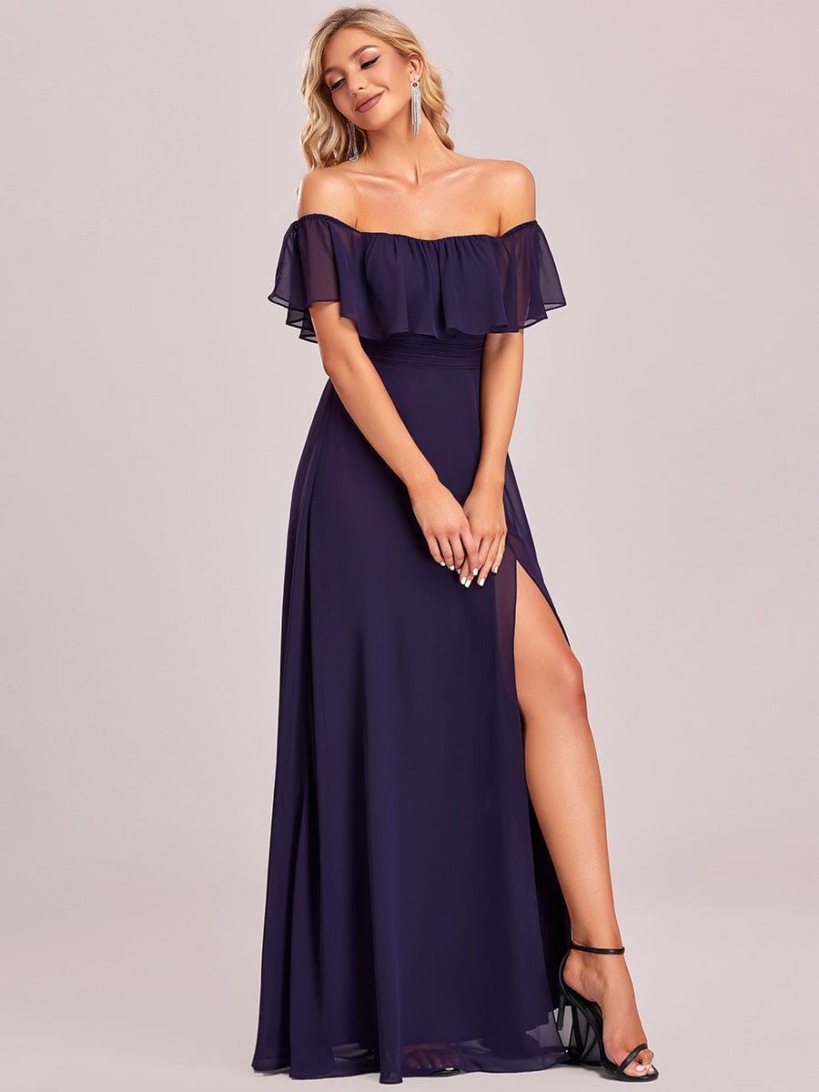 Off-Shoulder Ruffle Thigh Split Wholesale Bridesmaid Gowns