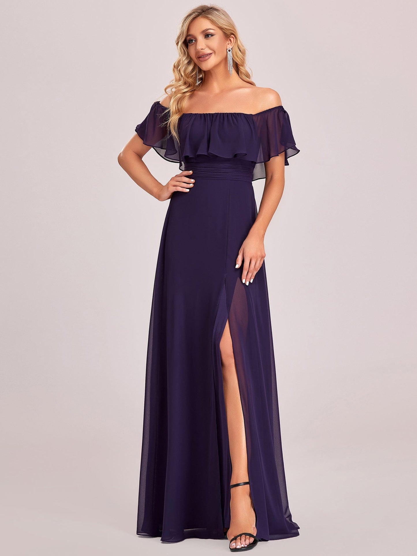 Off-Shoulder Ruffle Thigh Split Wholesale Bridesmaid Gowns