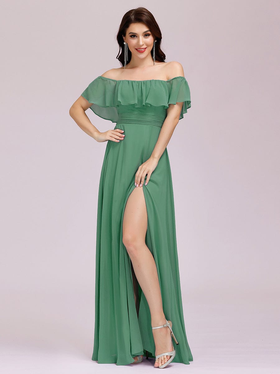 Off-Shoulder Ruffle Thigh Split Wholesale Bridesmaid Gowns