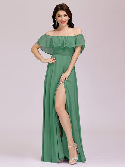 Off-Shoulder Ruffle Thigh Split Wholesale Bridesmaid Gowns