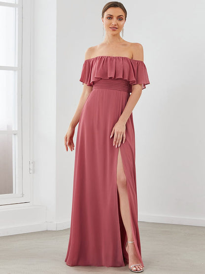 Off-Shoulder Ruffle Thigh Split Wholesale Bridesmaid Gowns