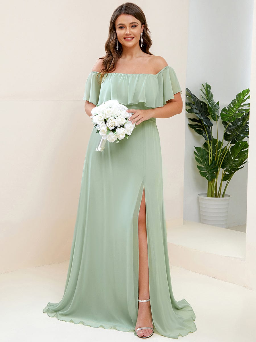 Off-Shoulder Ruffle Thigh Split Wholesale Bridesmaid Gowns