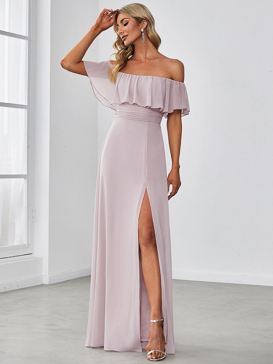 Off-Shoulder Ruffle Thigh Split Wholesale Bridesmaid Gowns