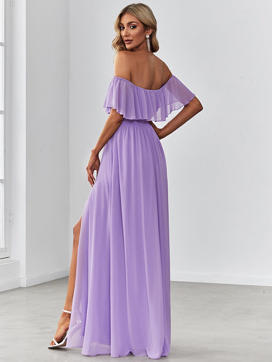 Off-Shoulder Ruffle Thigh Split Wholesale Bridesmaid Gowns