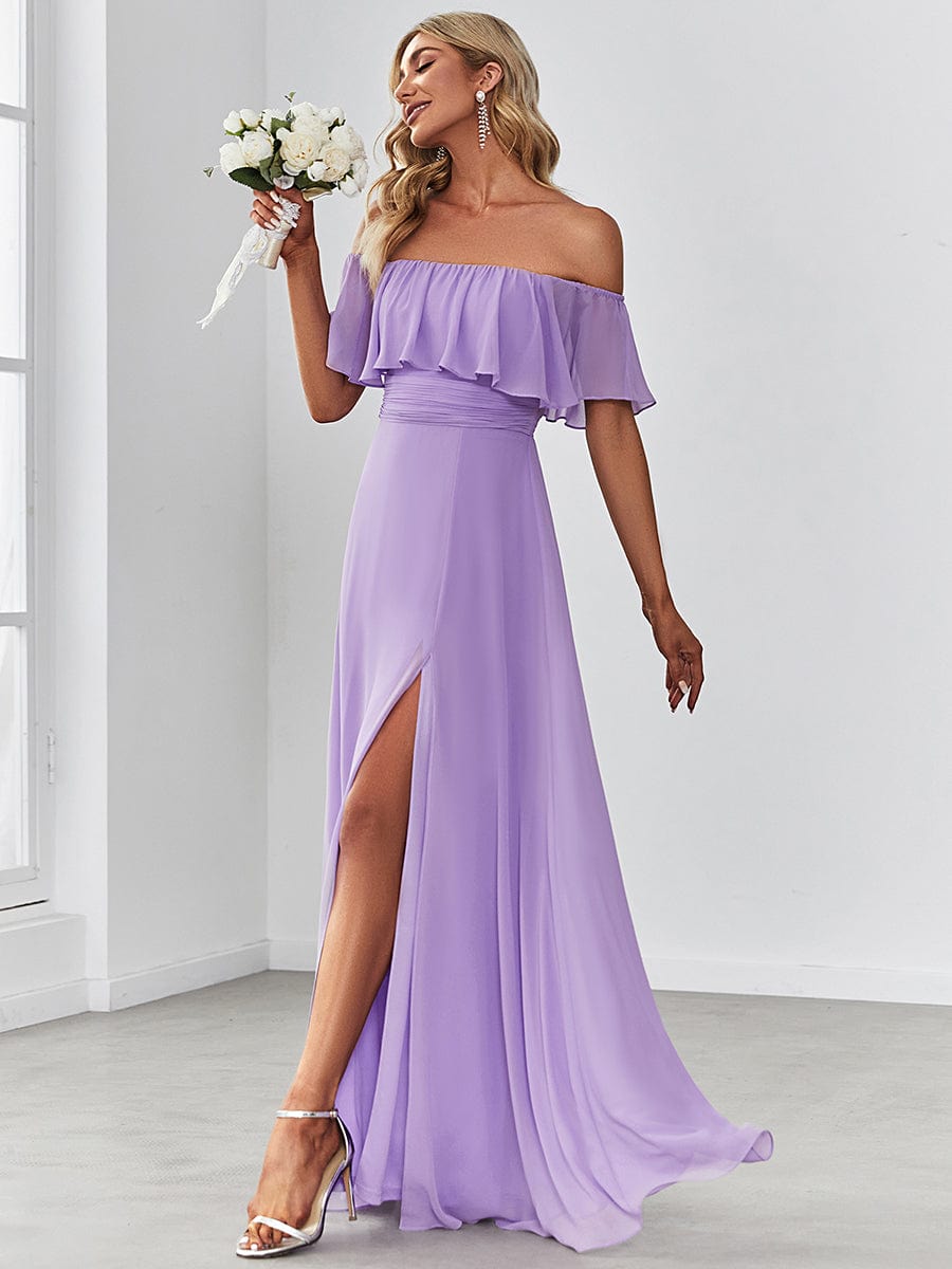Off-Shoulder Ruffle Thigh Split Wholesale Bridesmaid Gowns