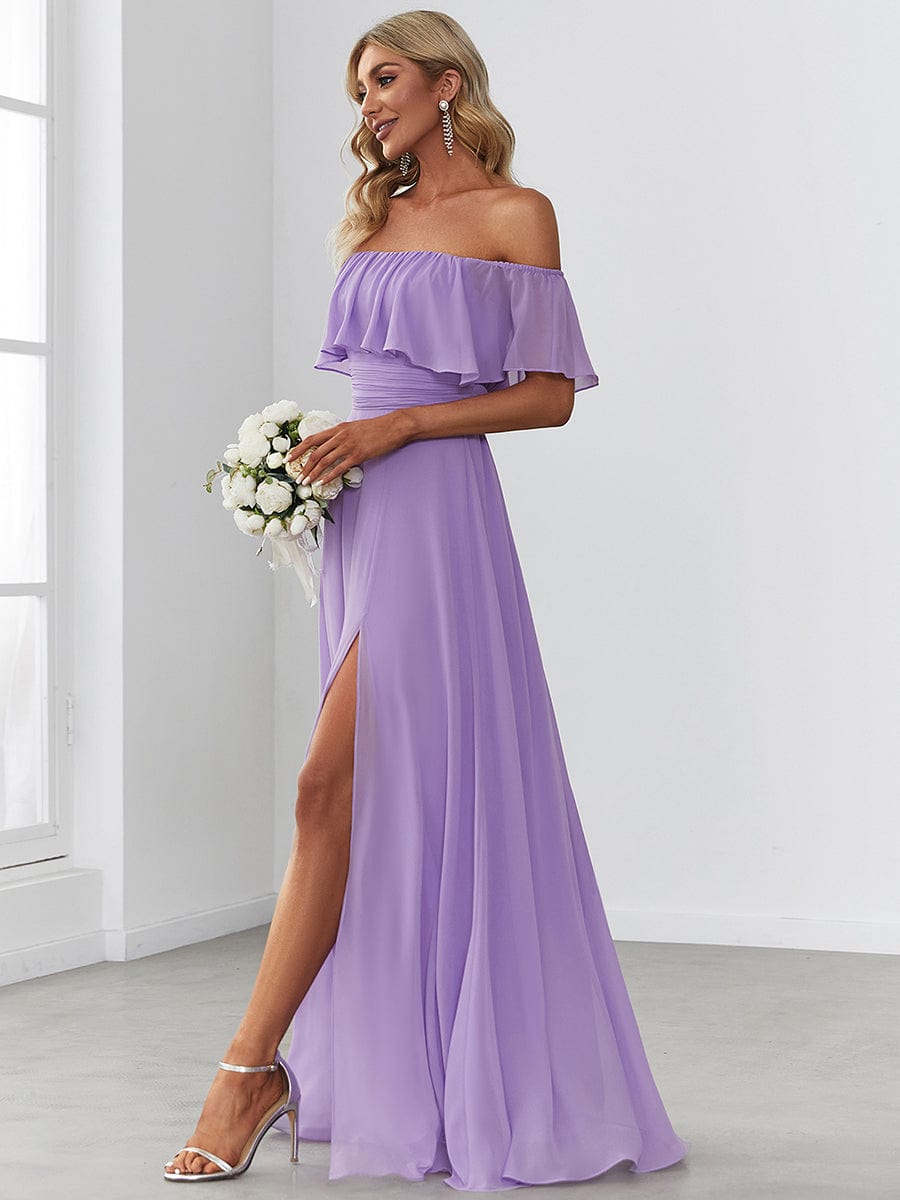Off-Shoulder Ruffle Thigh Split Wholesale Bridesmaid Gowns