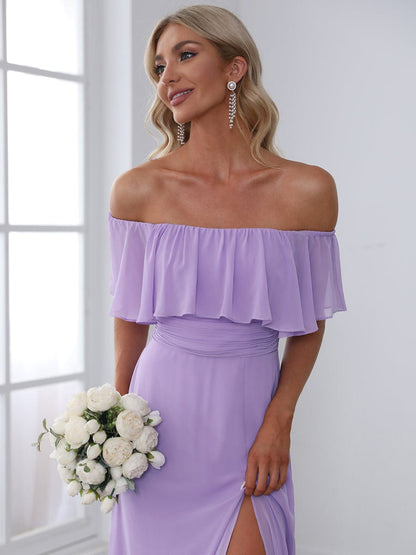 Off-Shoulder Ruffle Thigh Split Wholesale Bridesmaid Gowns
