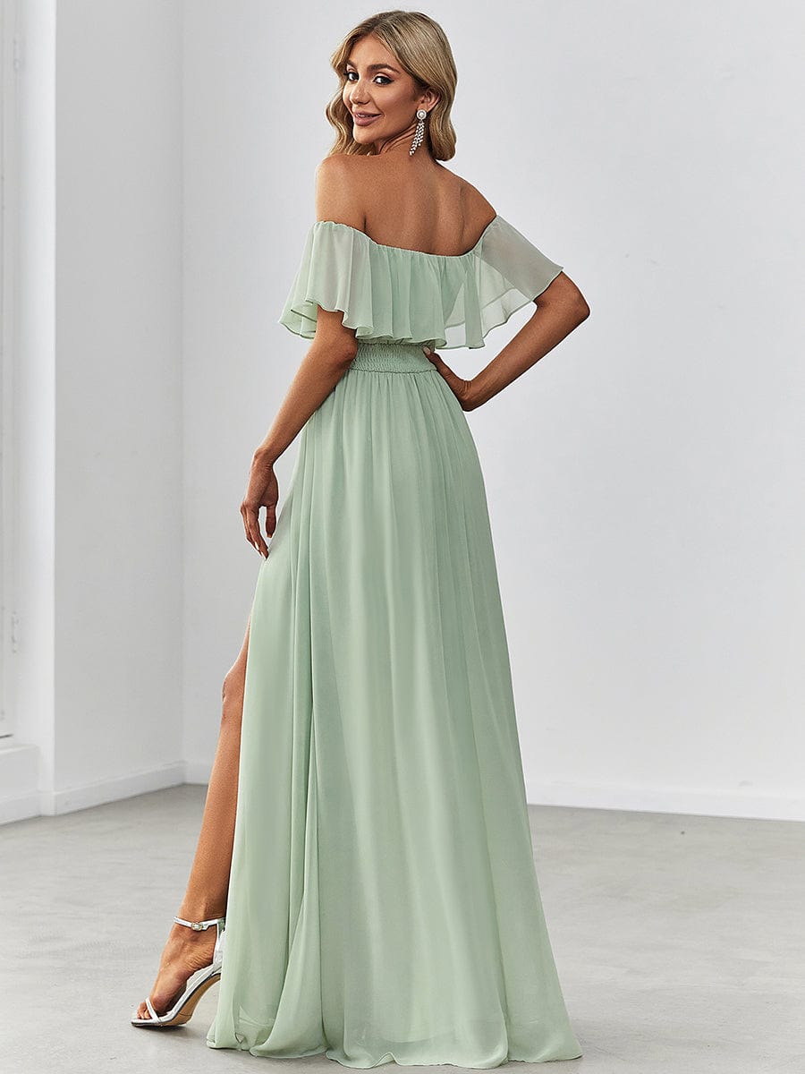 Off-Shoulder Ruffle Thigh Split Wholesale Bridesmaid Gowns