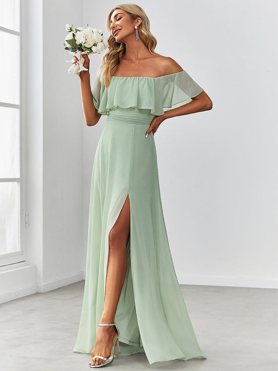 Off-Shoulder Ruffle Thigh Split Wholesale Bridesmaid Gowns