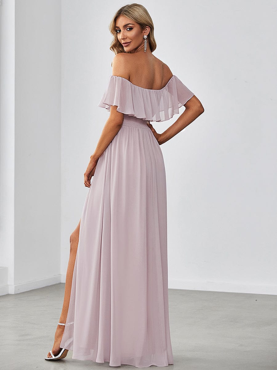Off-Shoulder Ruffle Thigh Split Wholesale Bridesmaid Gowns