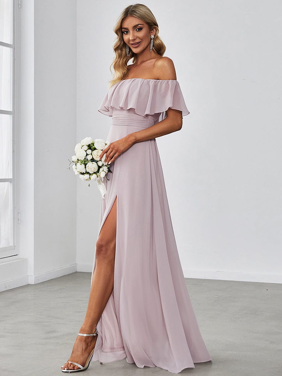 Off-Shoulder Ruffle Thigh Split Wholesale Bridesmaid Gowns