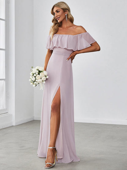 Off-Shoulder Ruffle Thigh Split Wholesale Bridesmaid Gowns