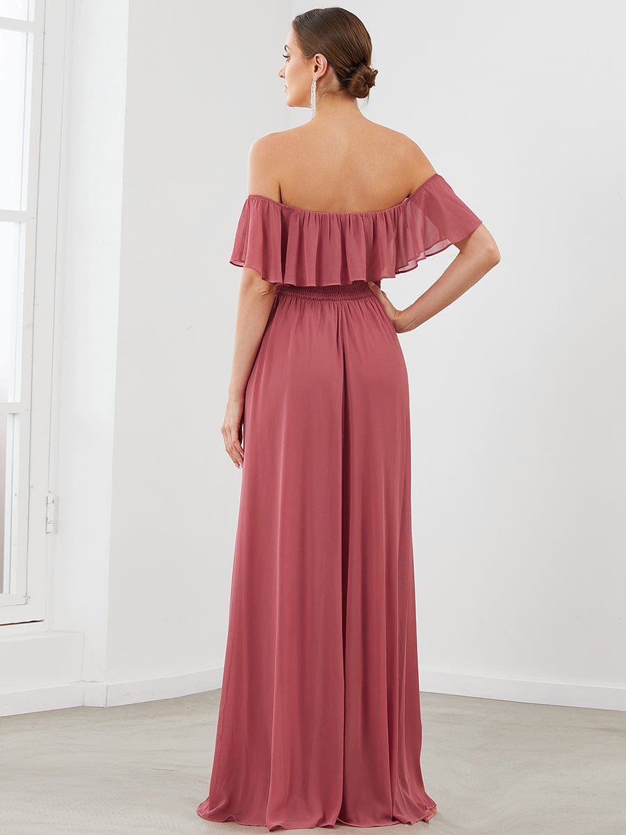 Off-Shoulder Ruffle Thigh Split Wholesale Bridesmaid Gowns