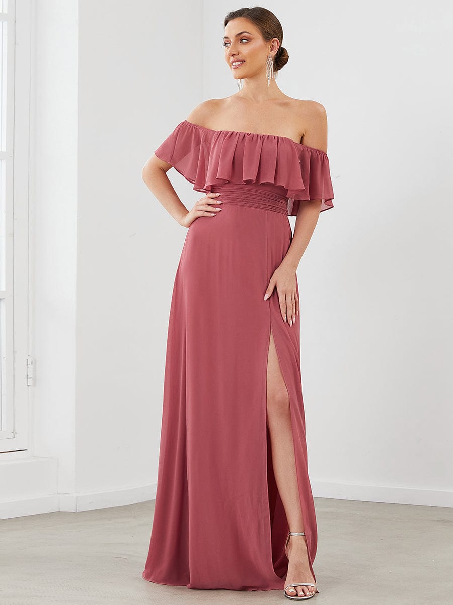 Off-Shoulder Ruffle Thigh Split Wholesale Bridesmaid Gowns