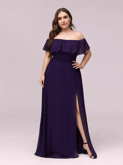 Off-Shoulder Ruffle Thigh Split Wholesale Bridesmaid Gowns