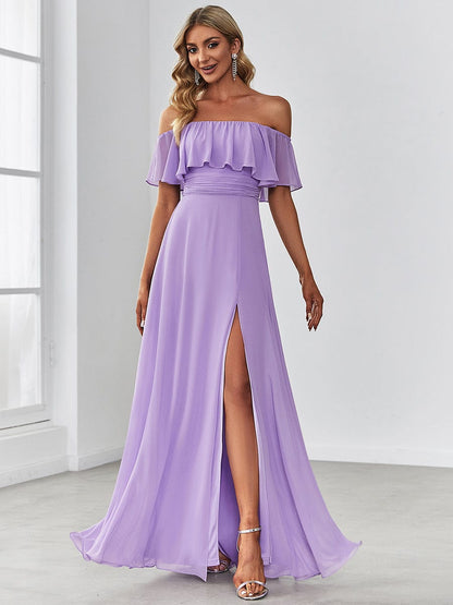 Off-Shoulder Ruffle Thigh Split Wholesale Bridesmaid Gowns
