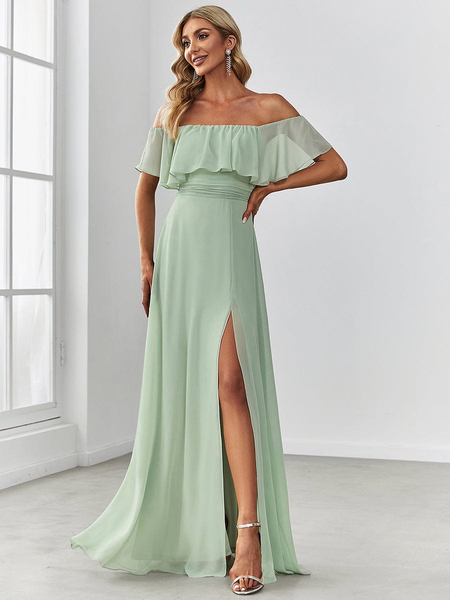 Off-Shoulder Ruffle Thigh Split Wholesale Bridesmaid Gowns