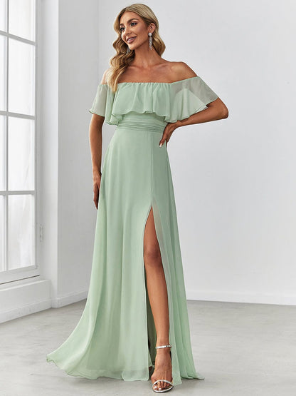 Off-Shoulder Ruffle Thigh Split Wholesale Bridesmaid Gowns