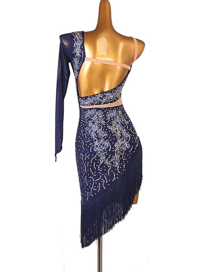 Latin Dance Dress Tassel Split Joint Crystals / Rhinestones Women's Performance Training Long Sleeve Chinlon Mesh - LuckyFash™