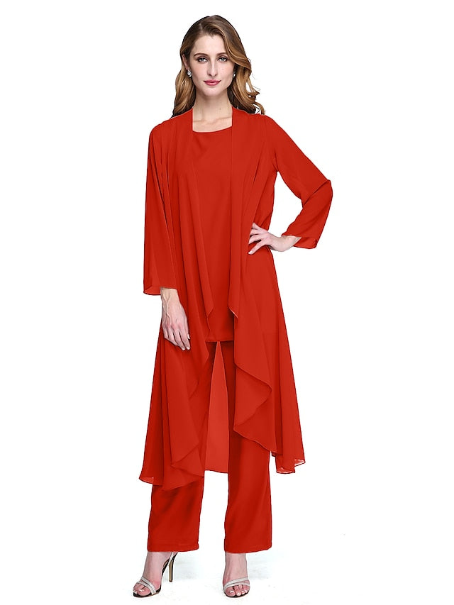 Jumpsuit / Pantsuit Mother of the Bride Dress Plus Size Elegant Bateau Neck Floor Length Chiffon Sleeveless yes with Solid Color 2023 - LuckyFash™
