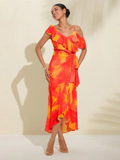 Ruffled Tie-front Asymmetric Chiffon Midi Dress