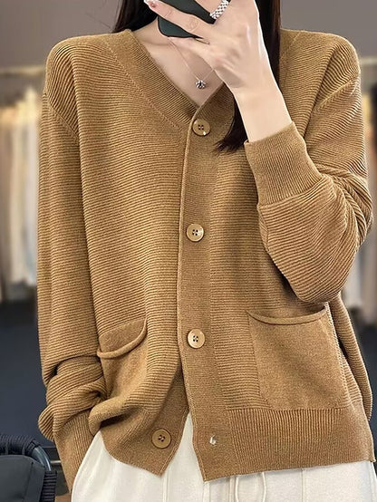 Women's Cardigan Sweater Jacket V Neck Ribbed Knit Acrylic Button Knitted Fall Winter Regular Outdoor Valentine's Day Daily Fashion Streetwear Casual Long Sleeve Solid Color Black Pink Red S M L