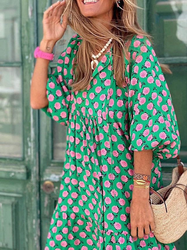 Women's Dress - Casual Dress Swing Dress Long Dress Maxi Dress Wine Blue Dark Green 3/4 Length Sleeve Floral Print Summer Spring Fall V Neck Fashion Vacation Fall Dress Summer Dress Regular Fit 2023 S M L XL
