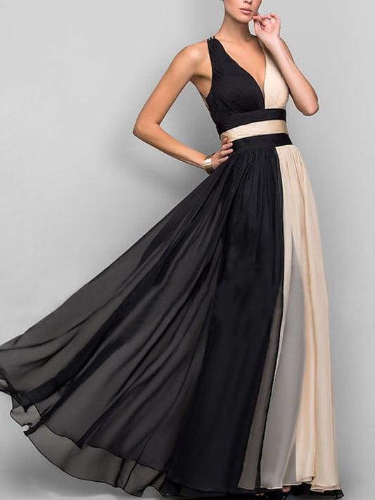 Women's Dress - Party Dress Swing Dress Long Dress Maxi Dress Black Sleeveless Color Block Backless Fall Spring Summer V Neck Party Wedding Guest 2023 S M L XL