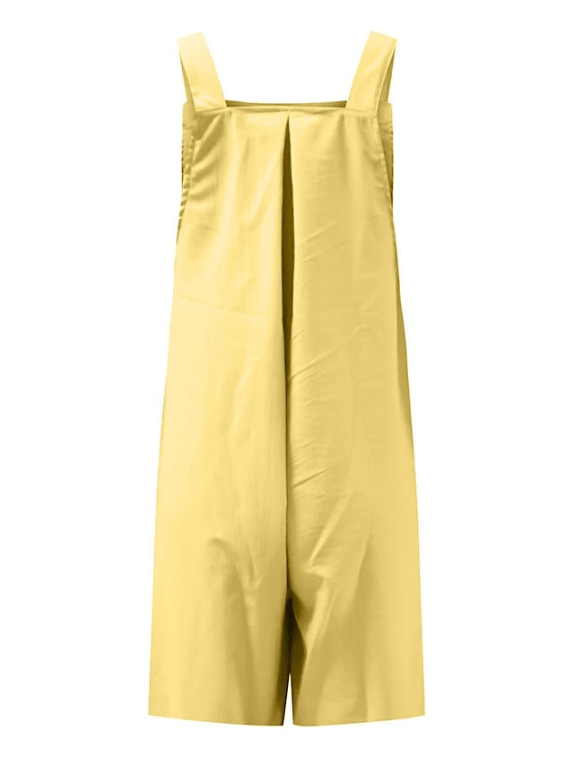 Jumpsuits for Women Summer Overall Pocket Solid Color Square Neck Basic Daily Vacation Regular Fit Sleeveless Black Yellow Pink S M L - LuckyFash™