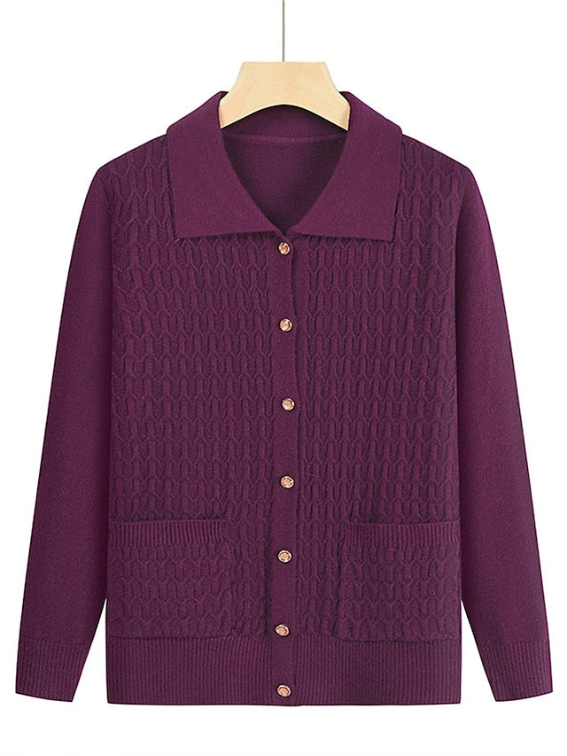 Women's Cardigan Shirt Collar Cable Knit Polyester Button Pocket Knitted Fall Winter Regular Outdoor Christmas New Year Fashion Casual Soft Long Sleeve Floral Red Purple Fuchsia XL 2XL 3XL