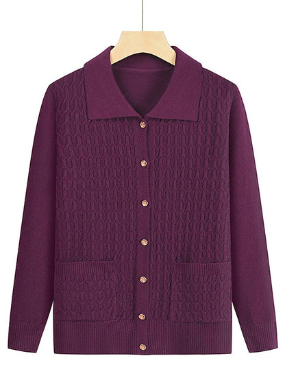 Women's Cardigan Shirt Collar Cable Knit Polyester Button Pocket Knitted Fall Winter Regular Outdoor Christmas New Year Fashion Casual Soft Long Sleeve Floral Red Purple Fuchsia XL 2XL 3XL