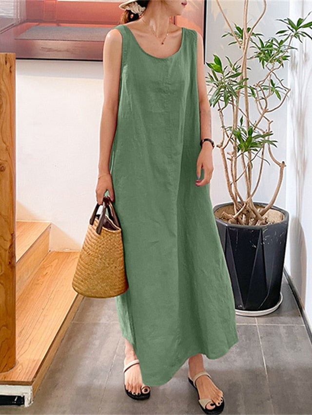 Women's Dress - Cotton Linen Dress Casual Dress Shift Dress Maxi long Dress Cotton Blend Basic Casual Daily Holiday Vacation Crew Neck Pocket Sleeveless Summer Spring 2023 Loose Fit Yellow Pink Red Pure Color