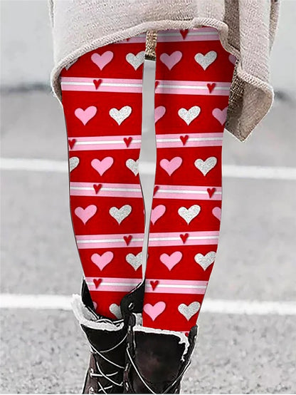Women's Leggings Polyester Heart Wine Black Active High Waist Long Valentine's Day Vacation Spring
