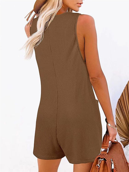 Jumpsuits for Women Summer Overall Button Pocket Solid Color U Neck Basic Daily Vacation Regular Fit Sleeveless Black Pink Wine S M L Spring - LuckyFash™