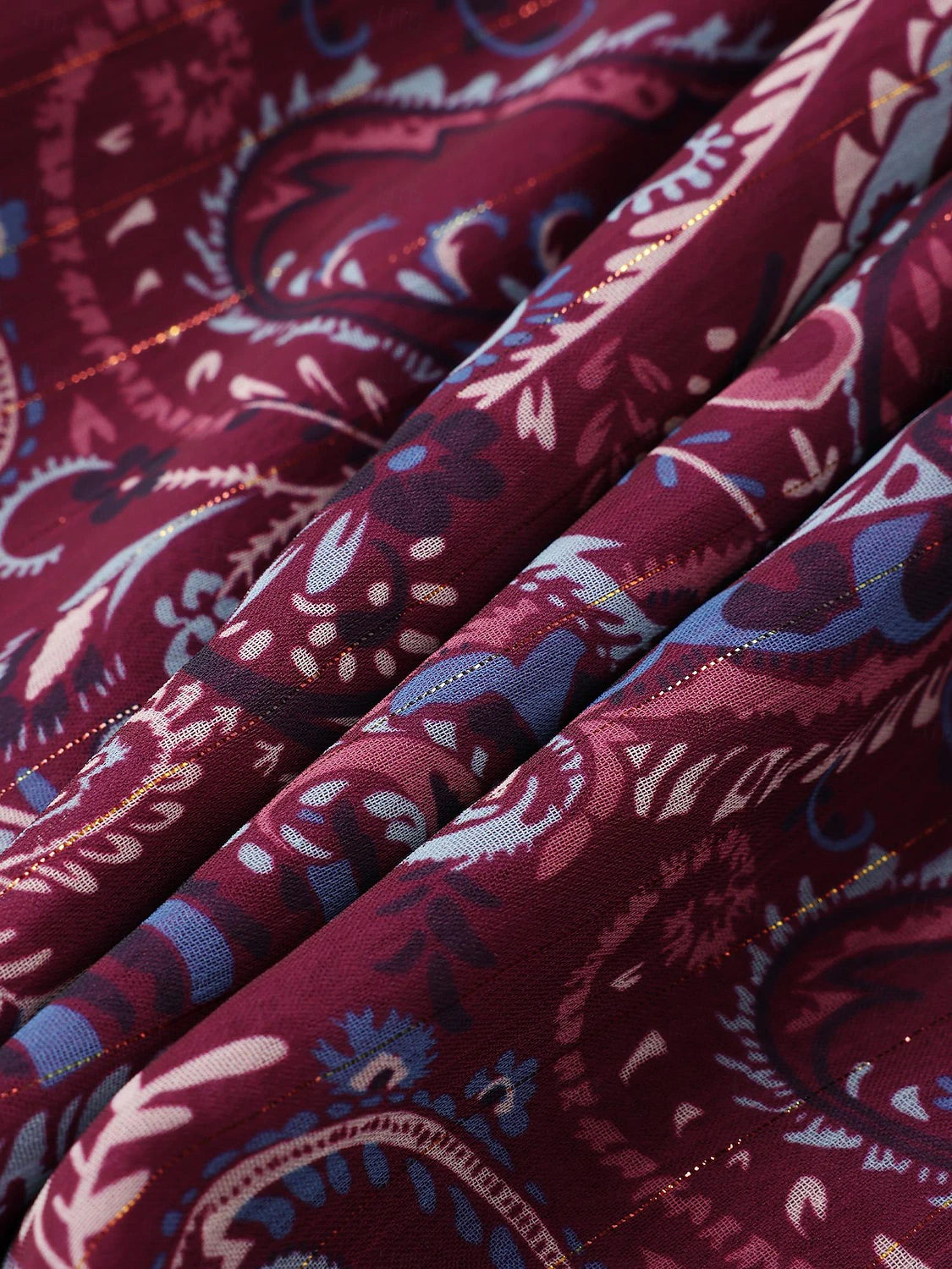 Women's Paisley Metallic Crinkle Chiffon Elastic Waist Midi Dress